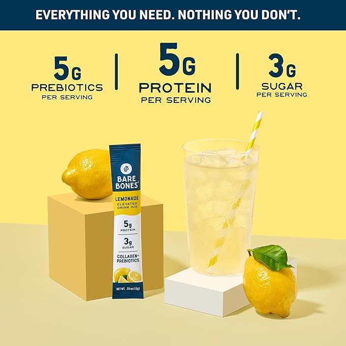 Bare Bones Lemonade Elevated Drink Mix | Light &amp Flavorful | Gluten-Free &amp Naturally Sweetened | On-the-Go Stick Single-Serve Packs Powdered Refreshment | 5g Protein | 16 Packets (.60 oz)