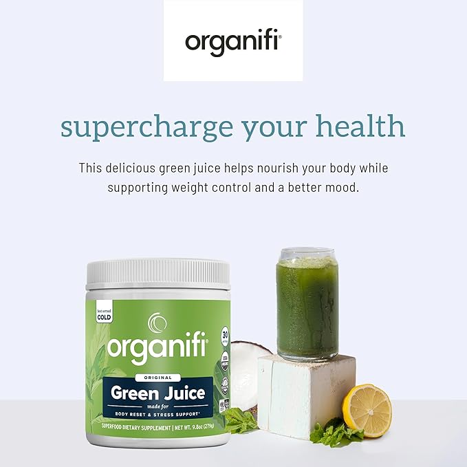 Organifi Green Juice - Powder Supplement with Organic Spirulina Ashwagandha and Chlorella - Helps Achieve Fitness Goals and Reduce Cortisol Levels 30-Day Supply