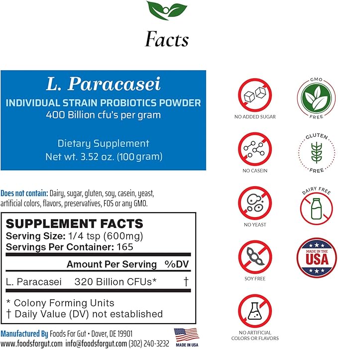 Lactobacillus Paracasei Probiotic Powder 400 Billion cfu's | Made in USA | No Additives | Direct from Manufacturer | No Third-Party Storage | Immune Support | L. Paracasei | 100 Gram (3.52 Oz)