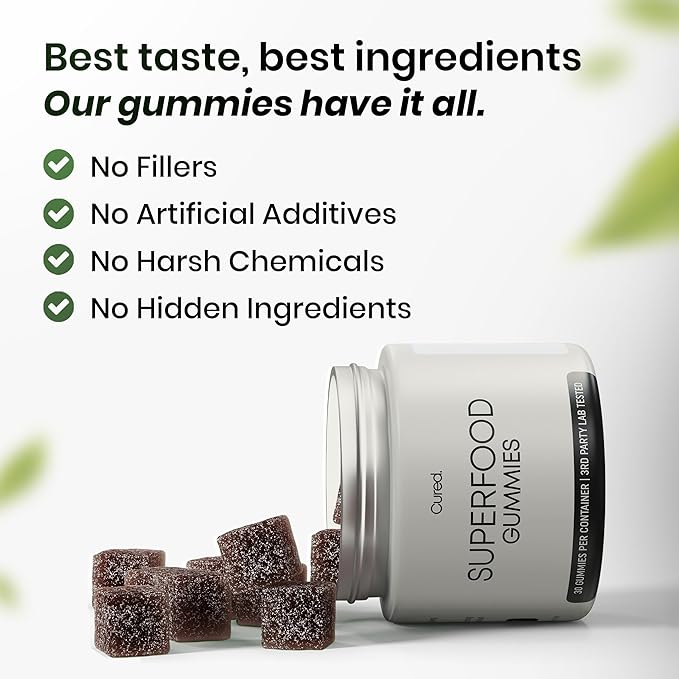 Cured 20-in-1 Superfood Multivitamin for Men &amp Women with Super Greens &amp Veggies | Vitamins/Gummy Supplement to Support Energy &amp Gut Health for Women &amp Men | 100% Vegan &amp All-Natur
