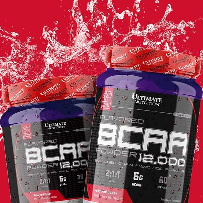 Ultimate Nutrition Flavored BCAA Powder - Caffeine Free with 3g Leucine 1.5g Valine 1.5g Isoleucine - Post Workout Amino Acid Supplement Ruby Red Candy 60 Servings
