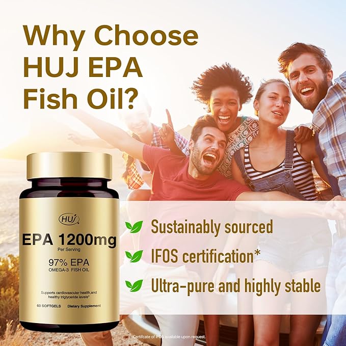 HUJ 97% EPA Omega-3 Fish Oil - 1200mg EPA Fish Oil Wild-Caught Sustainably Sourced - Suppprts Cardiovascular Health &amp Healthy Triglyceride lewels* - 60 Softgels