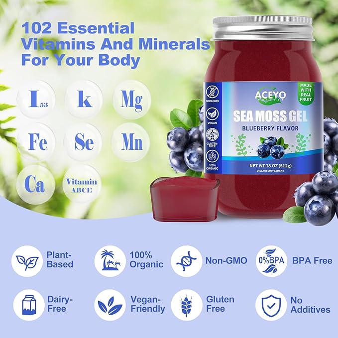 ACEYO (18 OZ) Irish Sea Moss Gel Organic Raw Vegan Blueberry Flavor 102 Vitamins and Minerals Wild Harvested Non-GMO Immune Defense Booster Thyroid Digestive Support