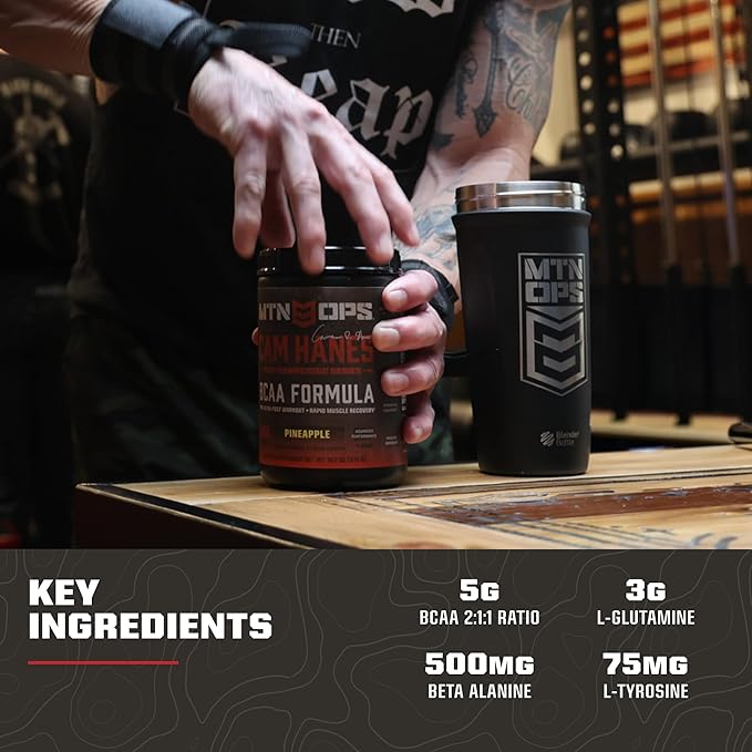 MTN OPS BCAA Powder 2:1:1 Amino Acids Supplement Powder for Rapid Muscle Recovery &amp Repair with Zero Sugar &amp Gluten Free - 30-Servings Pineapple Cameron Hanes Keep Hammering Series