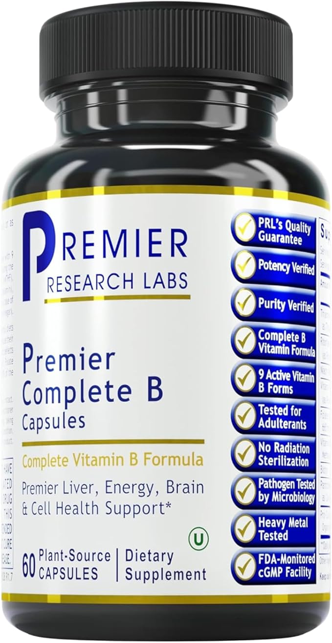 Premier Research Labs Complete B - Vitamin B Complex Supplement for Optimal Health | Vitamin B Supplement with Biotin | 9 Active B Vitamins | for Liver Energy &amp Brain Support - 60 Capsules