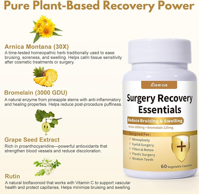 Lunza Aesthetic &amp Surgery Recovery Supplement Swelling and Bruising Relief with Arnica 1000mg &amp Bromelain 125mg 60 Capsules