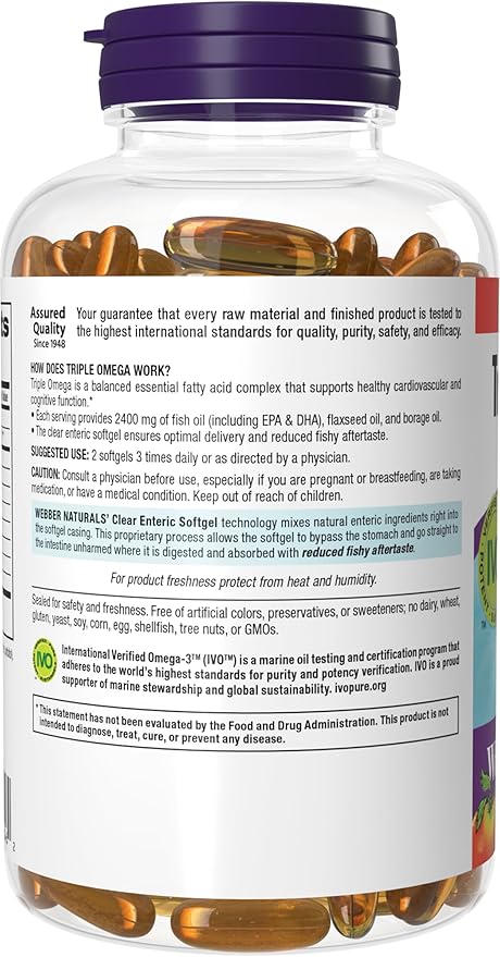 Webber Naturals Triple Omega 3-6-9 2400 mg Fish Oil Per Serving High Potency 180 Softgels No Fishy Aftertaste Ultra-Purified for Heart Brain and Cardiovascular Health Shellfish-Free