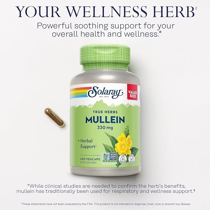 SOLARAY Mullein Leaf 330 mg - Soothing Herbal Support - Mullein Capsules Traditionally Used to Support Health and Wellness - Vegan Non-GMO Lab Verified 60-Day Guarantee 200 Servings 200 VegCaps