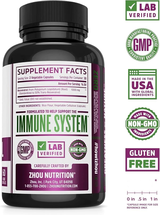 ZHOU Resveratrol - Resveratrol 1000mg Nutritional Supplement for Women &amp Men Pure Ultra Strength Heart Health and Antioxidant Support Formula - 60 Veggie Capsules