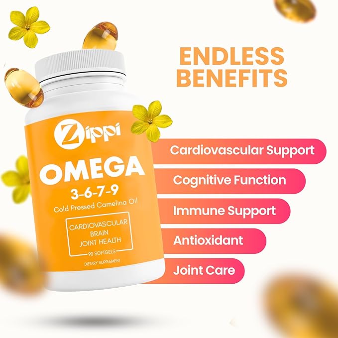Zippi Omega 3-6-7-9 Camelina Softgels - Plant Based Omega 3-6-7-9 Fatty Acid Supplement. Helps to Support Brain Liver Cardiovascular Immunity and Joint Function