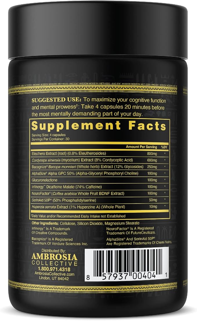 Ambrosia Mental Jewels (Capsules) - Cognitive Enhancer | Increase Memory Communication Skills Concentration &amp Focus | Alpha GPC Choline BaCognize | 120 Veggie Capsules (30 Day Supply)