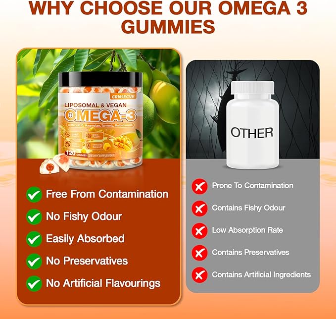 Vegan Omega-3 Gummies - Fish Oil Omega 3 Supplements Alternative for Adults - Algae DHA 600mg &amp EPA 400mg Vitamin D3 K2 - No Fish Taste - for Brain Eye Immune Support - Sugar Free120 Count