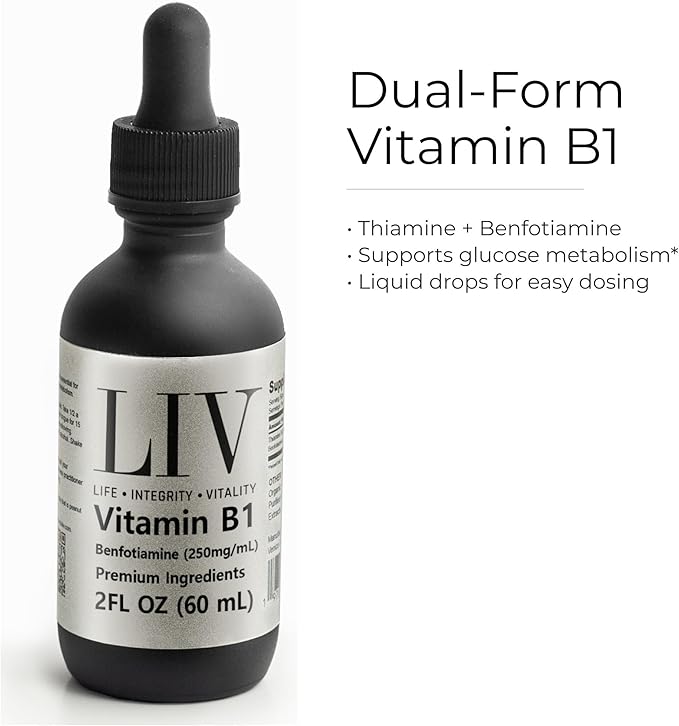 LIV Vitamin B1 Liquid – Thiamine &amp Benfotiamine Supplement for Glucose Metabolism &amp Nerve Support – Fast-Absorbing Liquid Drops – 60 mL