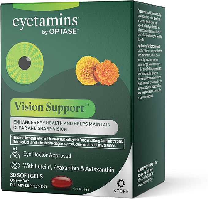 Eyetamins® by OPTASE® Vision Support™ Supplement 30 Softgels - Eye Supplement With Lutein Zeaxanthin and Astaxanthin For Eye Health and Macular Support - Once-Daily Vision Supplement - 30 Day Pack