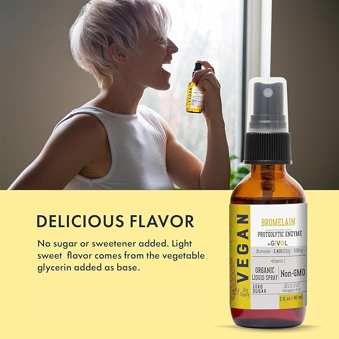 Organic Raw Bromelain Mist-Liquid Pineapple Extract - Enhanced Potency 500mg for Kids &amp Adults - Non-GMO - 60ml 120 Day Supply