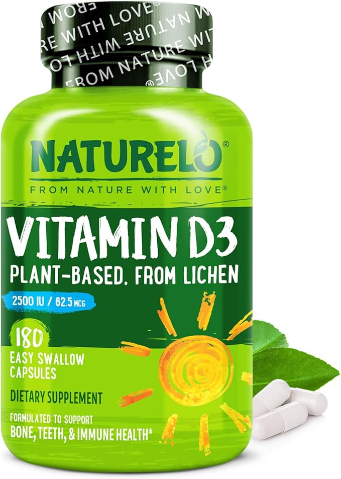 NATURELO Vitamin D - 2500 IU - Plant Based from Lichen - Natural D3 Supplement for Immune System Bone Support Joint Health - Vegan - Non-GMO - Gluten Free - 180 Capsules