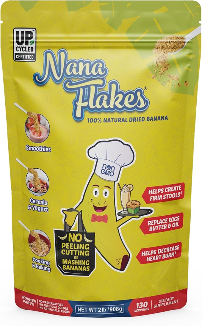 Nutritional Designs Nana Flakes 100% Pure Banana Flakes Medical Food Powder - Decrease Fat Intake &amp Natural Remedy to Firm Stools - Great Source of Protein &amp Fiber (Banana Two Pound Bag)