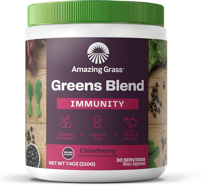 Amazing Grass Greens Blend Superfood for Immune Support: Super Greens Powder Smoothie Mix with Organic Spirulina Chlorella Beet Root Powder Digestive Enzymes &amp Probiotics Elderberry 30 Servin