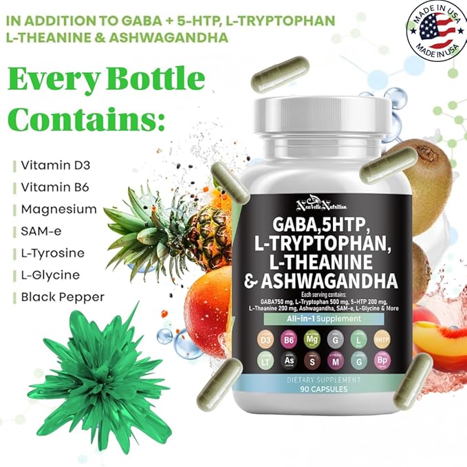 GABA Pills with 5-HTP Extract L-Tryptophan L-Theanine Ashwagandha Vitamins D3 B6 Magnesium L-Tyrosine L-Glycine Sam-e &amp Black Pepper Mood Support Supplement