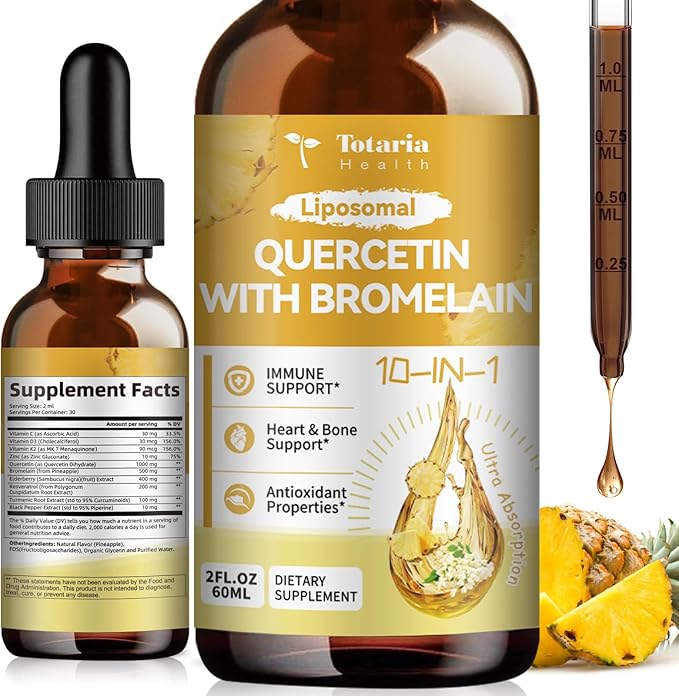 Totaria Liposomal Quercetin with Bromelain Liquid Drops - High Absorption Quercetin 1000mg &amp Bromelain 500mg Plus ElderberryVitamin CZinc for Immune &amp Antioxidant &amp Heart &amp Bone Supp