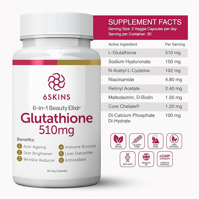 6SKINS®6in1 Beauty Elixir with Liposomal Glutathione 510mg | Glutathione Supplement 4X Better Absorption - Immune Support Liver Detox Powerful Antioxidant for Healthier Skin - 60 Capsules