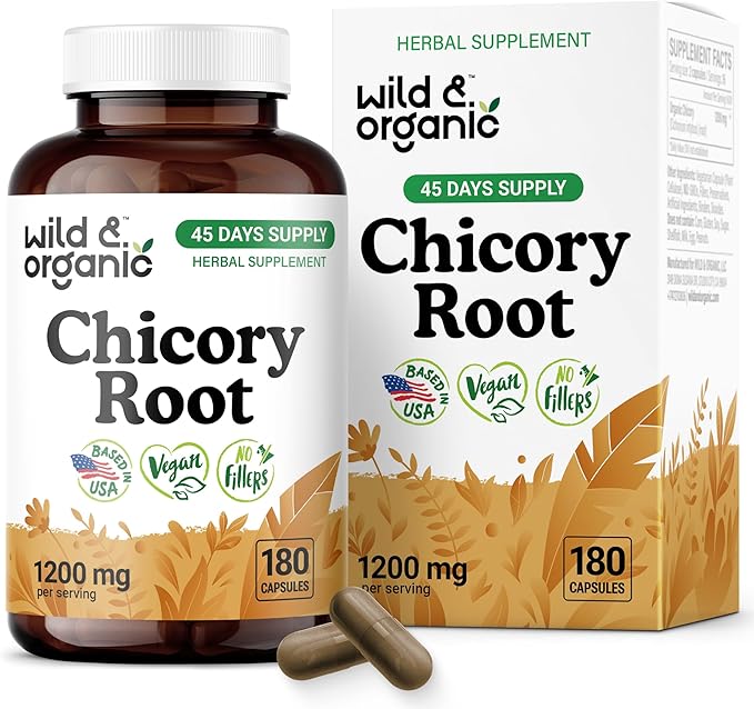 Wild &amp Organic Chicory Root Fiber Capsules - 1200 mg of Chicory Root Powder per Serving - Digestive &amp Gut Support - Inulin Prebiotic Fiber Supplement - Non-GMO Vegan Inulin Capsules - 180 Cou