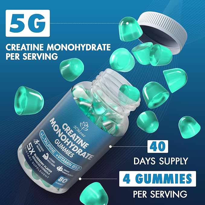 Creatine Monohydrate Gummies - 5g for Men &amp Women 160 Count and Creatine Chewable Supplements for Muscle Gain Muscle Strength Energy Boost and Muscle Builder Sugar Free Vegan (Blueberry)