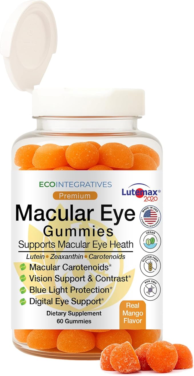 Premium Macular Eye Gummies with Lutemax 2020 – Lutein &amp Zeaxanthin Carotenoids for Eye Health Blue Light &amp Vision Support Real Mango Flavor Easy Flip-Top Lid 60 Gummies