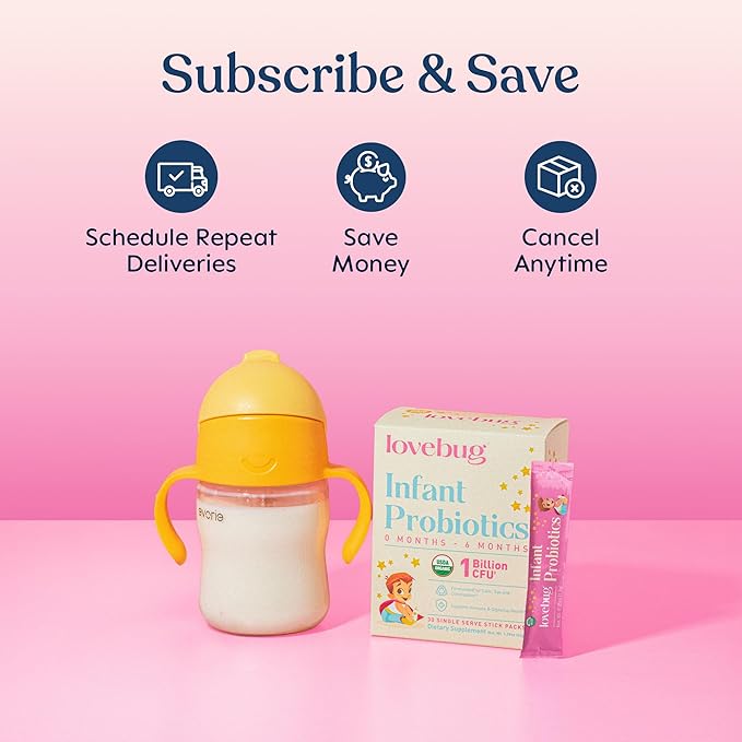 LOVEBUG Infant Probiotics 0-6 Months - USDA Organic Probiotics for Babies Supports Baby Gas Colic Reflux Diarrhea and Newborn Constipation Relief Allergen &amp Sugar Free Tasteless Powder 30 P