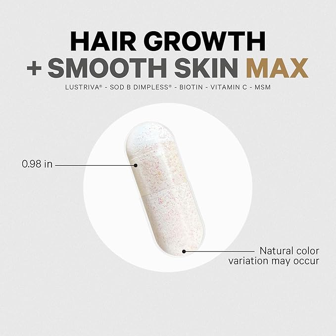 Codeage Hair Growth + Smooth Skin Max Vitamins Supplement - Patented Lustriva &amp SOD B Dimpless Superoxide Dismutase - Hair Growth Health Skin Cellulite Support - Biotin Vitamin C MSM - 30 Capsul