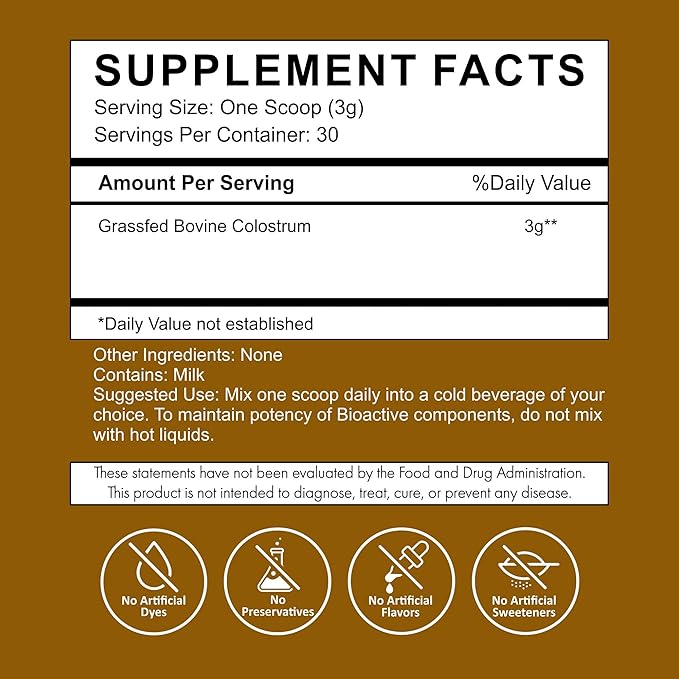 Primal Being Grassfed Beef Colostrum - Supports Immune Function Gut Health Hair Anti-Aging Athletic Performance Recovery - 90 Grams unflavored Powder 3000 mg per Serving