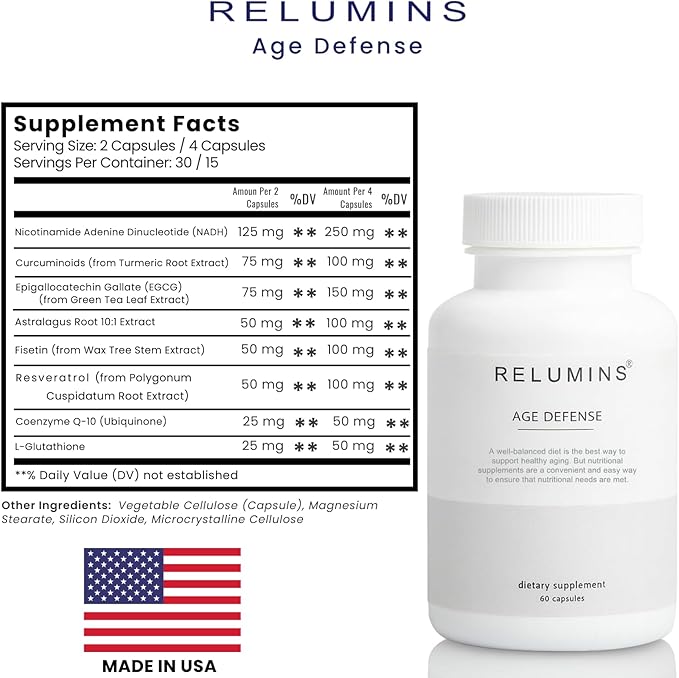 Relumins Age Defense NAD+ Supplement with NADH CoQ10 Glutathione Resveratrol Fisetin Curcumin &amp EGCG - Antioxidant Support Supplement – 60 Vegan Capsules