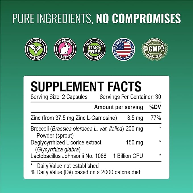 Approved Science Pyloriprin - Advanced Digestive Support for A Healthy Stomach - Zinc L-Carnosine Probiotic Broccoli Sprout Deglycyrrhized Licorice - 60 Capsules - One Month Supply - Vegan