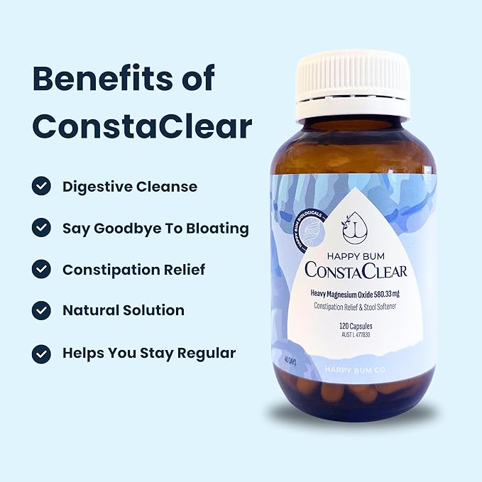 Happy Bum CostaClear for Constipation for Women and Men | Gentle Magnesium Constipation Relief &amp Colon Cleansing Support Softens Stool and Eases Bloating | 120 Capsules