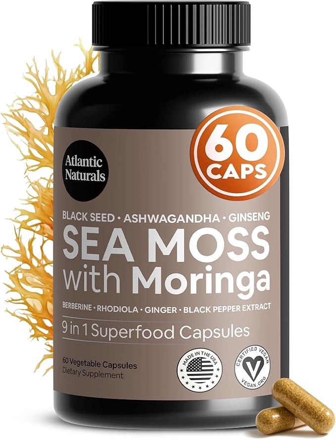 Atlantic Naturals Sea Moss Capsules – Irish Sea Moss with Black Seed Oil Ashwagandha Moringa Ginseng &amp Ginger for Energy Vitality &amp Wellness – Nutritional Supplement – Made in USA – 60 Cap