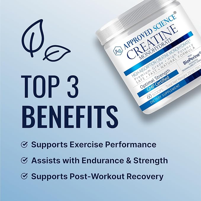 Approved Science Creatine Monohydrate Powder – with BioPerine – Supports Strength Lean Muscle &amp Recovery – 5 g Per Serving – Unflavored Creatine Powder – Non-GMO Vegan – 60 Servings