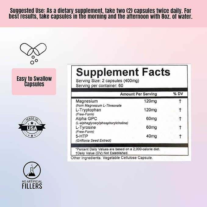 Mental Support Supplement with Magnesium L-Threonate Alpha GPC L-Tyrosine L-Tryptophan &amp 5-HTP – Supports Mental Acuity Mood &amp Relaxation – 120 Vegetarian Capsules