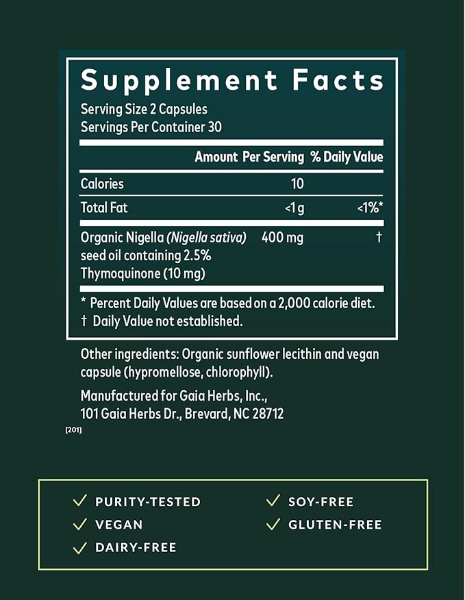 Gaia Herbs Black Seed Oil - Cold-Pressed Capsules with Nigella Seed Traditionally Used for Lung Respiratory &amp Antioxidant Support* - Herbal Supplement - 60 Vegan Liquid Phyto-Caps (30 Servings)