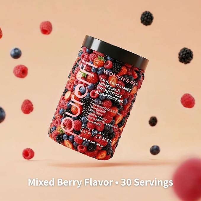 Women’s 45+ All-in-One Multivitamin Powder 33 Ingredients Menopausal Well-Being Support Probiotics for Digestive Support Mixed Berry 30 Servings