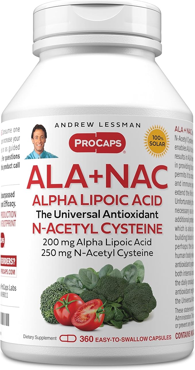 ANDREW LESSMAN ALA + NAC Alpha Lipoic Acid with N-Acetyl-Cysteine 360 Capsules - Ultra-High Potency Anti-Oxidant Support for Nervous System Heart Brain Liver Kidneys Lungs Energy. No Additives