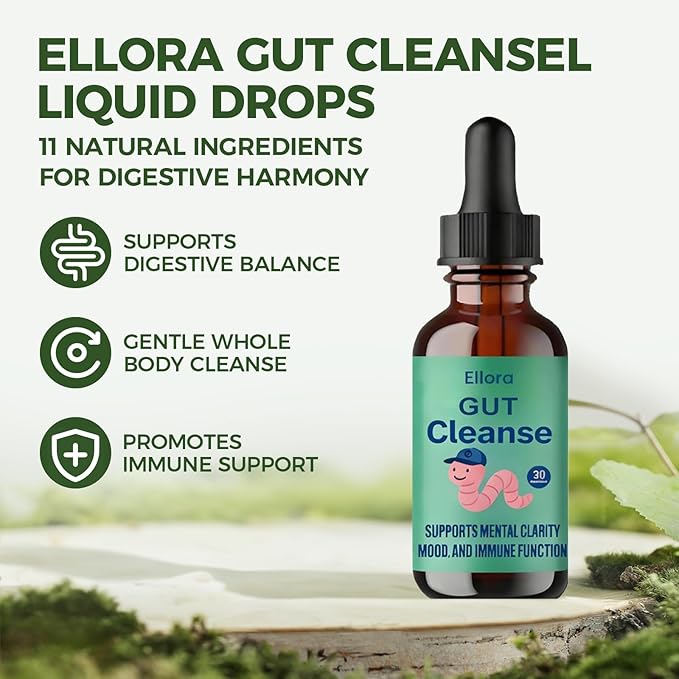 ELLORA Gut Cleanse Drops with Black Walnut Hull Wormwood Clove Oregano &amp Licorice Root for Support Gut Digestive &amp Immune Vegan Non-GMO30ML