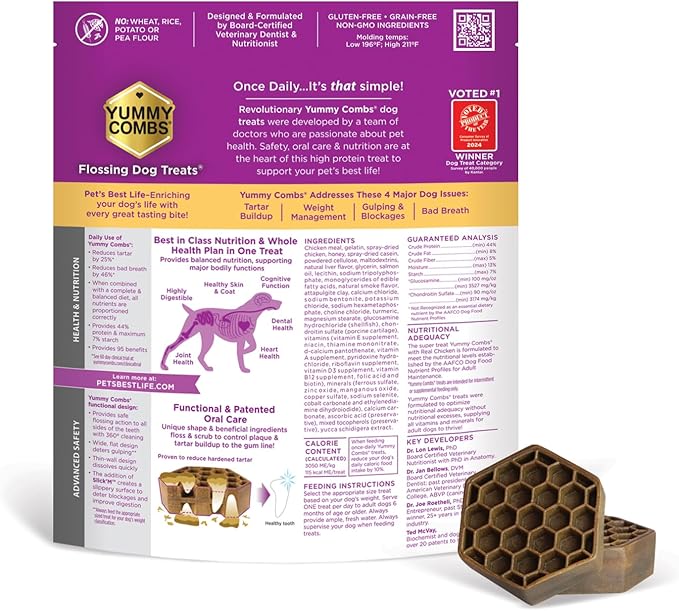 Yummy Combs Dog Dental Treats – Vet VOHC Approved – Delicious Chicken Protein – Removes Tartar with Cleaning Comb Shape – Dental Dog Treats for Large Dogs (36oz 27 Count)