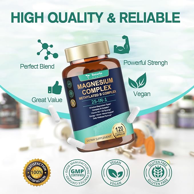25-in-1 Magnesium Complex with Methylated B Complex Magnesium Glycinate Citrate Malate Taurate Gluconate Aspartate Carbonate D3 K2 Magnesium Supplement for Relaxation Energy &amp Nerve 120 Vegan Ca