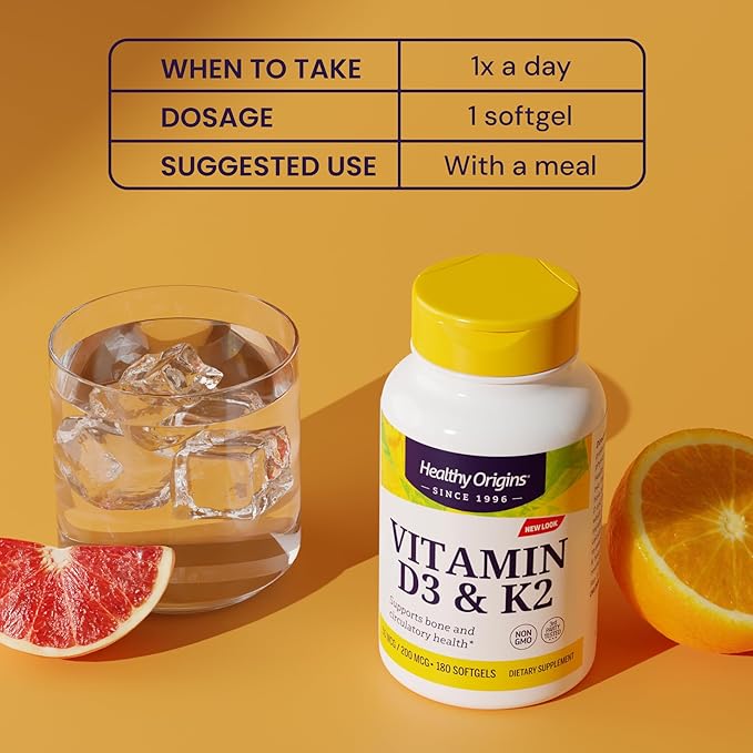 Healthy Origins Vitamin D3 2000 IU (50 mcg) &amp Vitamin K2 200 mcg (MK-7) 180 Liquid Softgels - High Potency Synergy for Calcium Absorption