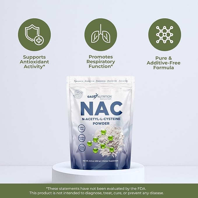 Gade Nutrition NAC Powder - N-Acetyl-Cysteine | Potent Antioxidant Support | 250g (8.8 oz) 600mg per Serving 416 Servings | Non-GMO Gluten-Free Dairy Free Vegan | USA Made