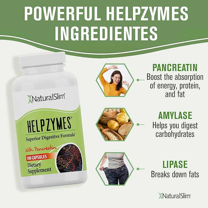 NaturalSlim Digestive Enzymes for Women &amp Men - Helpzymes Essential Enzymes for Digestion Gut Health Gas Bloating Relief with Bromelain Ox Bile Pancreatin. &amp Betaine HCL - 100 Capsules Sol