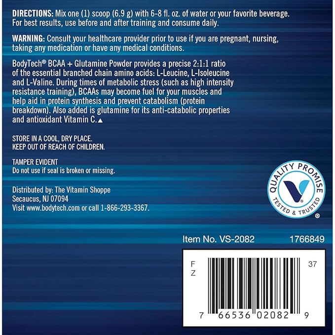 BodyTech BCAA + Glutamine Powder with Vitamin C L Glutamine &amp More Essential Pre Workout or Post Workout Amino Acids for Men &amp Women Unflavored 14.4 Oz 59 Servings