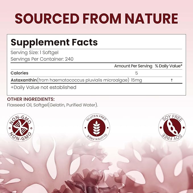 15mg Astaxanthin | 240 Softgels | Astaxanthin Supplements | 8 Month Supply | Antioxidant Support Eye &amp Skin Health | Internal Circulation | Non-GMO Gluten-Free No Soy