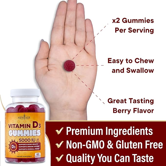NEW AGE Vitamin D3 5000 IU 125mcg Gummies - Immune Supplement - Non-GMO Gluten-Free Dairy-Free No Gelatin (180 Gummies (Pack of 3))
