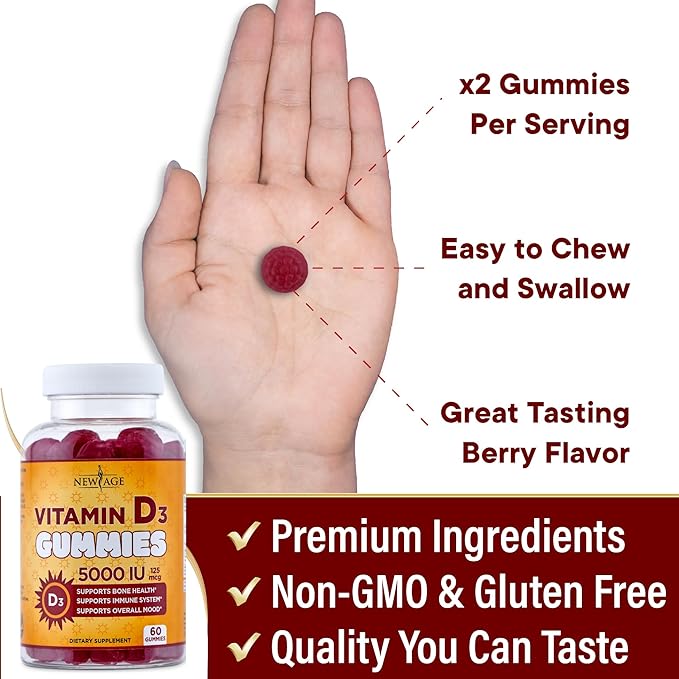 NEW AGE Vitamin D3 5000 IU 125mcg Gummies - Immune Supplement - Non-GMO Gluten-Free Dairy-Free No Gelatin (120 Gummies (Pack of 2))